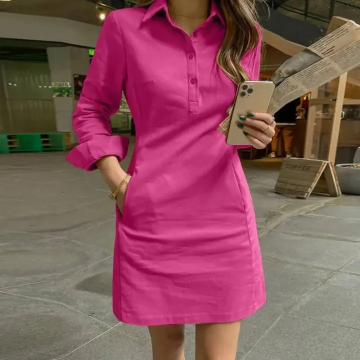 Ladis%20Dress%20Summer%20Elegant%20Long%20Sleeve%20Solid%20Color%20Shirt%20Sundress%202024%20Casual%20Loose%20Buttons%20Pockets%20Short%20Mini%20Vestidos%20-%20Image%203