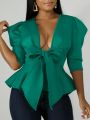 Women Peplum Blouse Tops with Waist Belt Bowtie Half Sleeves Deep V Neck Party Clubwear Night Date Out Evening Bluas Ladies. 