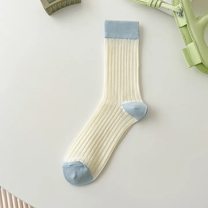 suxinaimin%20Spring%20and%20Summer%20New%20Socks%20Women's%20Japanese%20Style%20Mid-Calf%20High%20Length%20Cotton%20Socks%20Versatile%20Contrast%20Color%20Thin%20Bunching%20Socks%20-%20Image%207