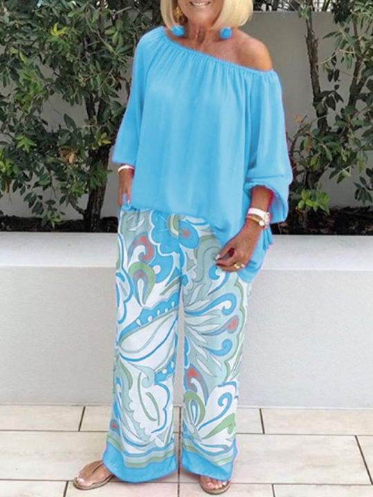 grace%20sexy%20One%20shoulder%20Loose%20Long%20Sleeved%20T%20Shirt%20Set%20Women's%20Spring%20Autumn%20Leisure%20Printed%20Wide%20Leg%20Trousers%20+%20Shirt%20Two%20Piece%20-%20Image%202