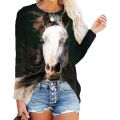 3D Digital Printing Long Sleeve Top Lady New Spring Summer Clothes O-Neck Horse Head Printed T-shirts Casual Loose Funny Tees.