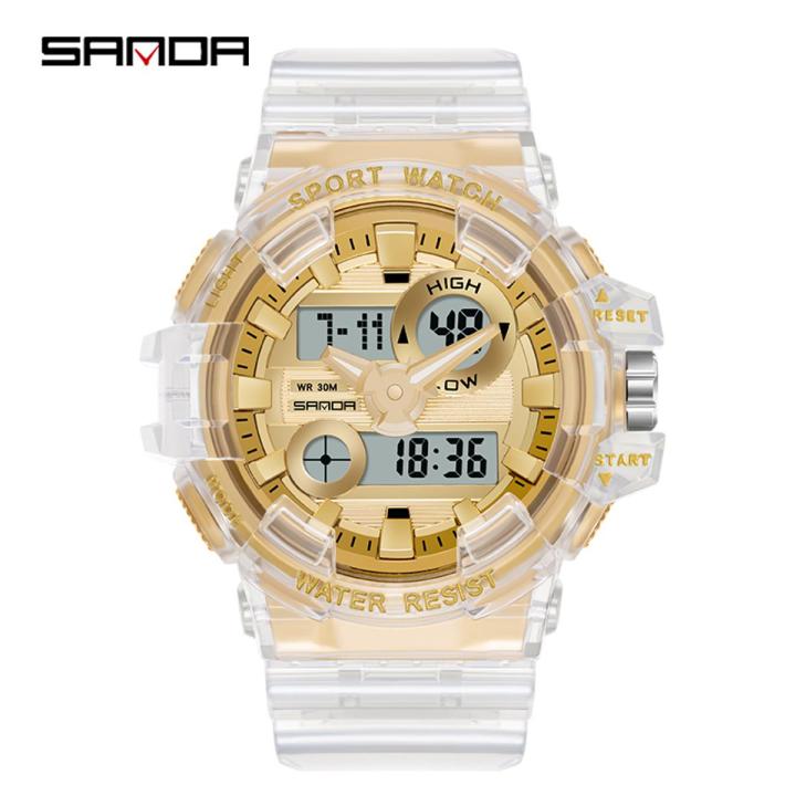 SANDA Baru Wanita Gaya Tali Transparan Jam Tangan Wanita Tahan Air LED Digital Dual Display Outdoor Mewah Jam Tangan Fashion Wanita