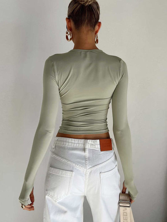 Fashion%20Women%20T-shirt%20Long%20Sleeve%20Crew%20Neck%20Solid%20Slim%20Fit%20Ladies%20Crop%20Top%20with%20Thumb%20Holes%20for%20Daily%20Streetwear%20Summer%20Camis%20-%20Image%203