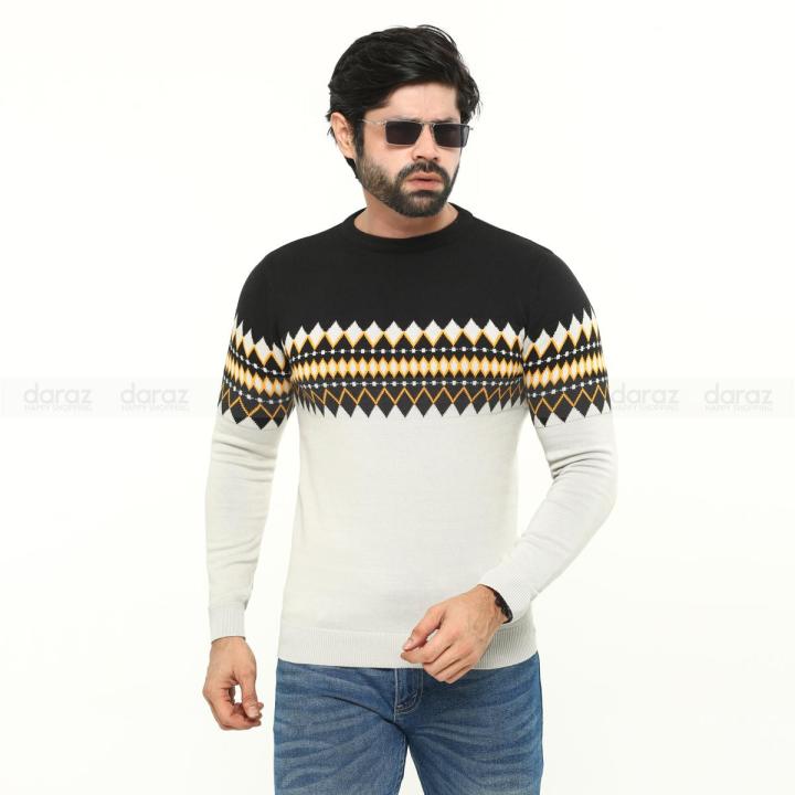 Premium Quality Silver Black Color Cotton Wool And Spandex Full Sleeve jacquard Sweater For Men