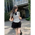 College Style Japanese SuitJKUniform Women's Waist-Tight Slimming Puff Sleeve Shirt Top High Waist Bubble Cake Dress. 