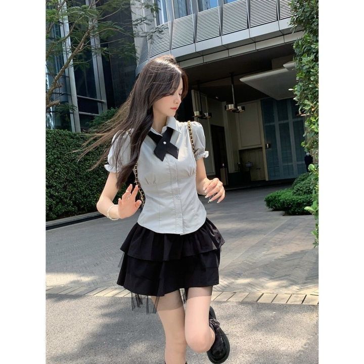 College%20Style%20Japanese%20SuitJKUniform%20Women's%20Waist-Tight%20Slimming%20Puff%20Sleeve%20Shirt%20Top%20High%20Waist%20Bubble%20Cake%20Dress%20-%20Image%202
