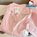 Sanrio Hello Kitty Pajamas Pants Kawaii Pijama Y2k Pyjama Pink Fluffy Suit Long-sleeved Trousers Onesize Cardigan Outfit Women.