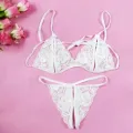 Women's Sexy Lace Underwear Set Bra Mesh Lace Print Three Point Underwear Set. 