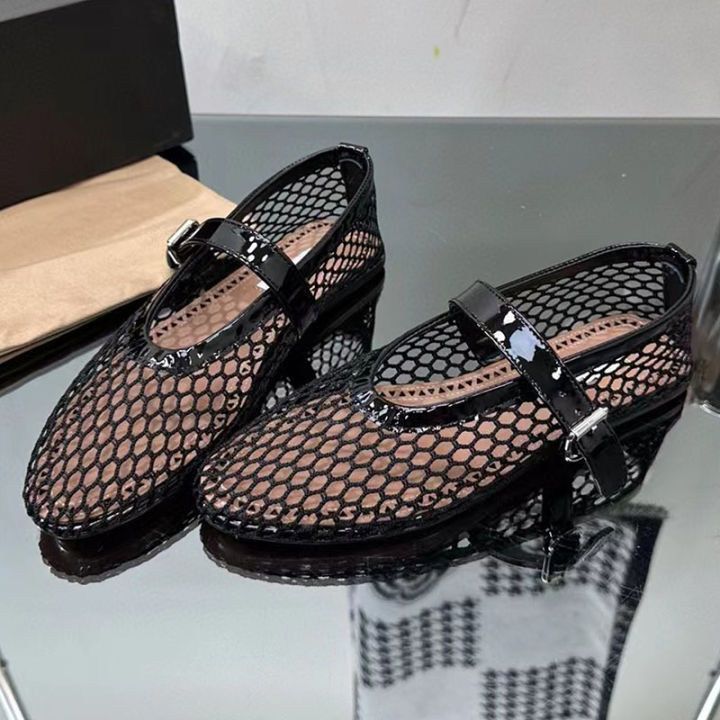 New Women Ballet Flat Shoes Mesh Hollow Outs Mary Jane Shoes Genuine Leather Loafers Rivet Studded Summer Walking Shoes Woman House Foocus
