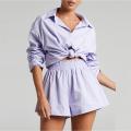 Woman's Spring Summer Long Sleeve Blouse Shirt Shorts Ladies 2 Piece Short Clothing Set for Women.
