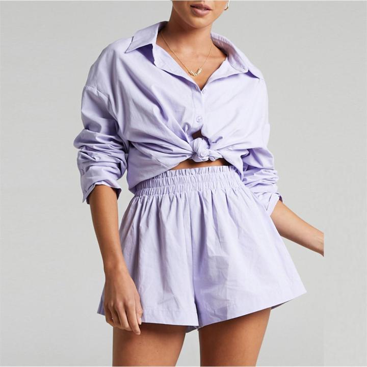 Woman's Spring Summer Long Sleeve Blouse Shirt Shorts Ladies 2 Piece Short Clothing Set for Women
