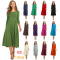 Cross-border European and American women's clothing 2024 spring new skirt fashion casual pleated three-quarter sleeve solid color swing dress. 