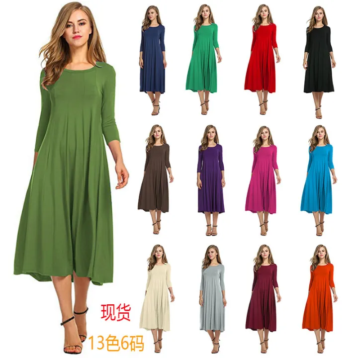 Cross-border%20European%20and%20American%20women's%20clothing%202024%20spring%20new%20skirt%20fashion%20casual%20pleated%20three-quarter%20sleeve%20solid%20color%20swing%20dress%20-%20Image%202