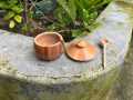 Round Shaped Wooden Sauce Box With Lid and Spoon /Wooden Sugar Bowl/Jar Salt Container. 