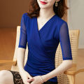 2023 Spring and Autumn New Korean Style Western Style Slim Fit Black Mesh Cross V Collar Bottoming Shirt Long-Sleeved Top T Women's T-shirt.