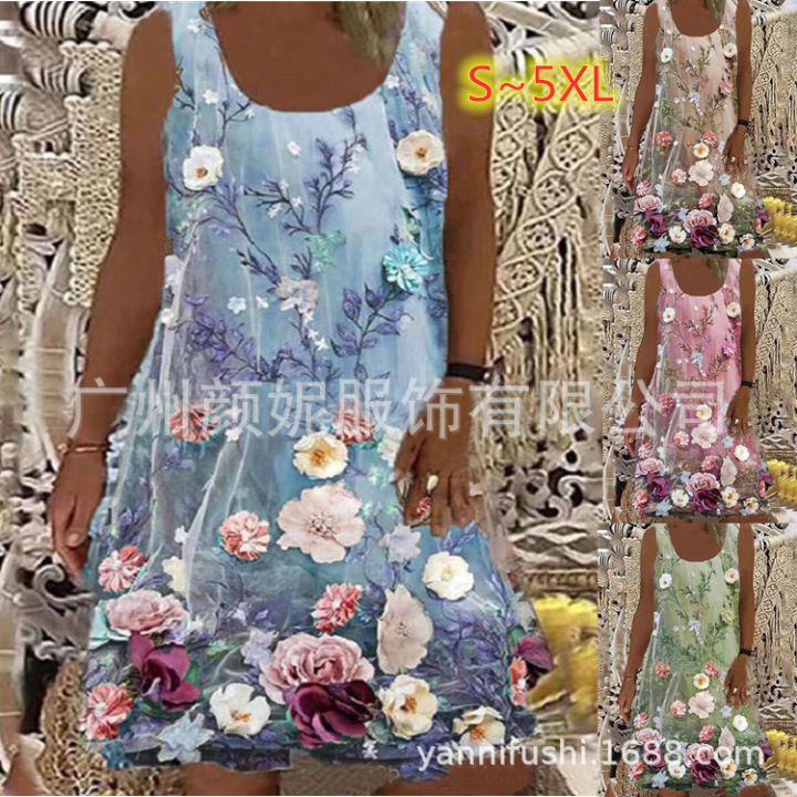 2021 Casual Floral round Neck Printed All-Matching Vest Dress