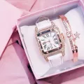 Fopul Mall Best Selling Ladies Square Rhinestone Bracelet Watch Set Wristwatches Leather Strap Luxury Quartz Watches for Women. 