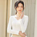 Uniqlo Spring Summer Autumn Collection Interior and Exterior Slim fit Women's Solid Color Short T shirt V neck Long Sleeve Bottom Shirt.