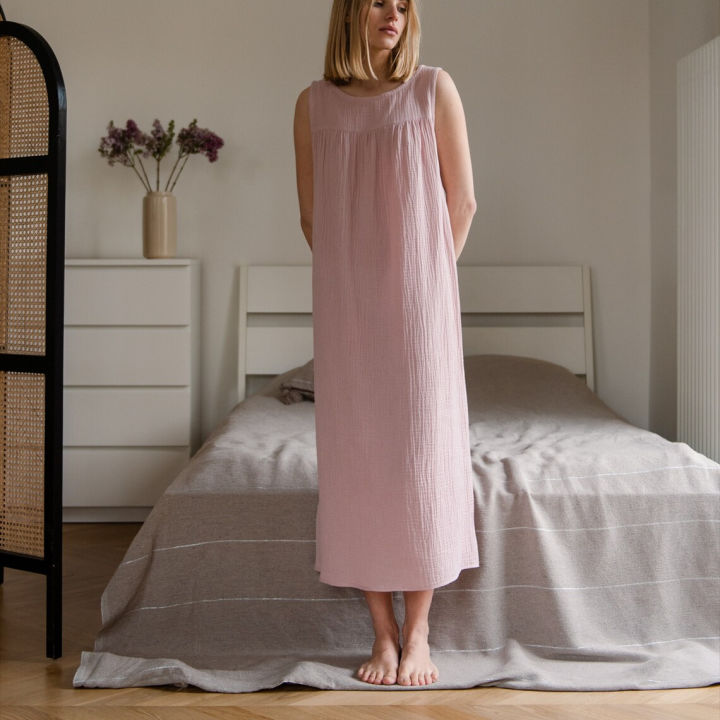 Women's%20Fashaionable%20Organic%20Cotton%20Dress%20Crepe%20Pink%20Sleeveless%20Extra%20Long%20Dress%20-%20Image%203