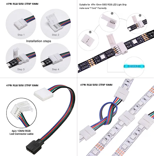 RGB LED Strip Connector 4-Pin 10mm unwired Gapless Solderless Adapter Terminal Extension for SMD5050 Strip Light