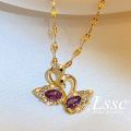 Korea 18K Gold Purple Crystal Swan Necklace Stainless Steel Non Tarnish Kwintas Fashion Women Accessories Jewelry. 
