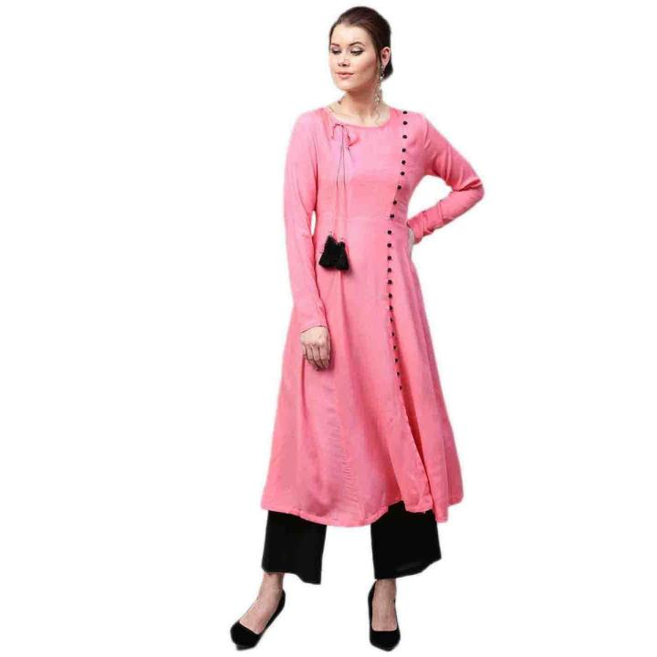 Pink Linen Kurti for Women (Tailor Made) - Black Buttons
