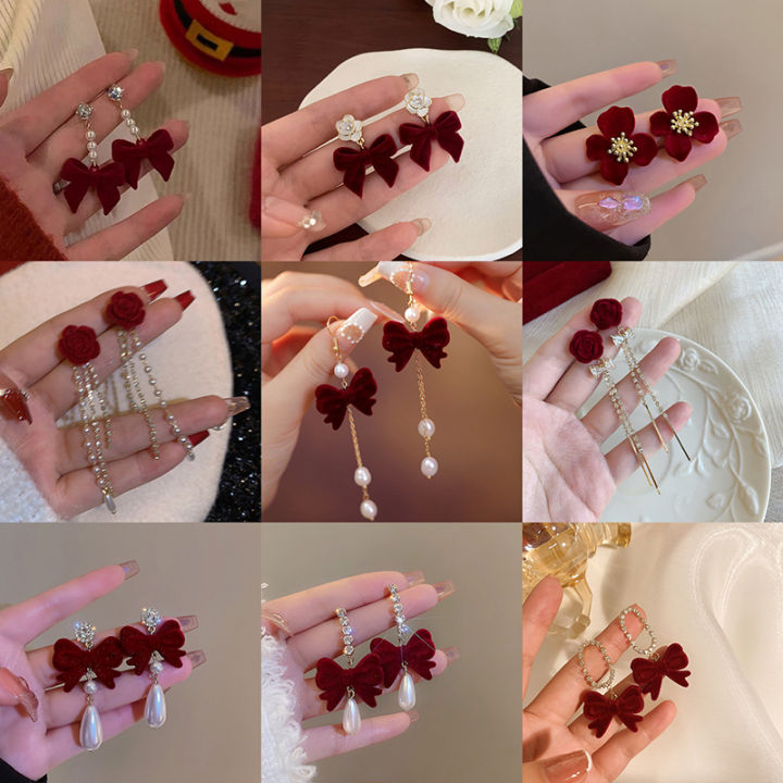 Red Flocked Fabric Bowknot Earrings Temperament Sweet Flowers Long Fringe Earrings jingu