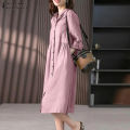 Ladies Casual Shirt Dress Long Sleeve Solid Cotton Viscose Midi Dress with Turn-Down Collar and Waist Tie, Oversized Holiday Sundress, Available in Sizes 34-50.