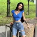 Xpqbb High Street Y2K Cropped T-Shirt Women Skinny V-Neck Basic Crop Tops Female Summer Slim Fit White Short Sleeve Tees. 
