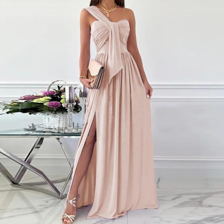 Solid Off Shoulder Evening Dress Women Elegant Summer Slim High Slit Long  Dresses Chic Irregular Lace-up Dress Female Vestidos | Daraz.com.bd