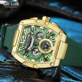MEGIR Fashion Sport Quartz Watch for Men Waterproof Golden Green Silicone Strap Chronograph Wristwatch with Date Luminous Hands. 