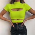 Gothic Chest Hollow Out Women T-shirt Crop Top Green Black Solid Slim Tank Tops Tee Shirt Female Casual Camis. 