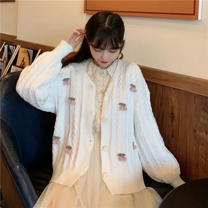 Knitted%20Cardigan%20Coat%20Women's%20CherryInsInternet%20Celebrity%20Same%20Style%20Cute%20WildVCollar%20Slimming%20Korean%20Style%20Thin%20Sweater%20-%20Image%203