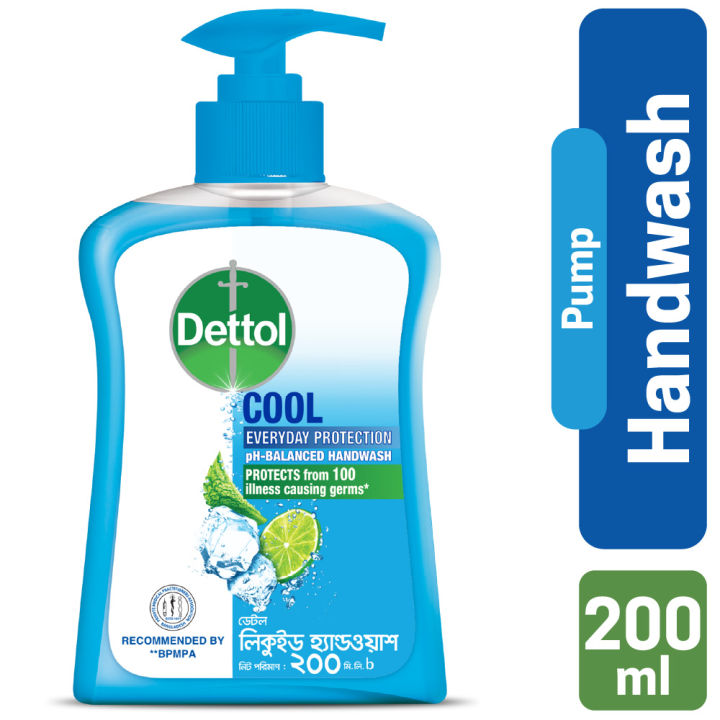 Dettol Handwash Cool 200ml Pump, pH-Balanced Liquid Soap with Menthol