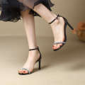 2024 Spring/Summer New Black Water Diamond Sexy High Heel with Sandals, Fashionable Cut Men's Slim Heels, Women's Shoes. 