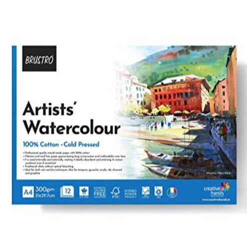 BRUSTRO Artist 100% Cotton Watercolour Pad Cold Pressed 300 GSM A4-12 Sheets