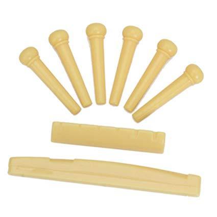 Blisstime 6 String Acoustic Guitar Bone Bridge Saddle and Nut and 6pcs Ebony Guitar Bridge Pins