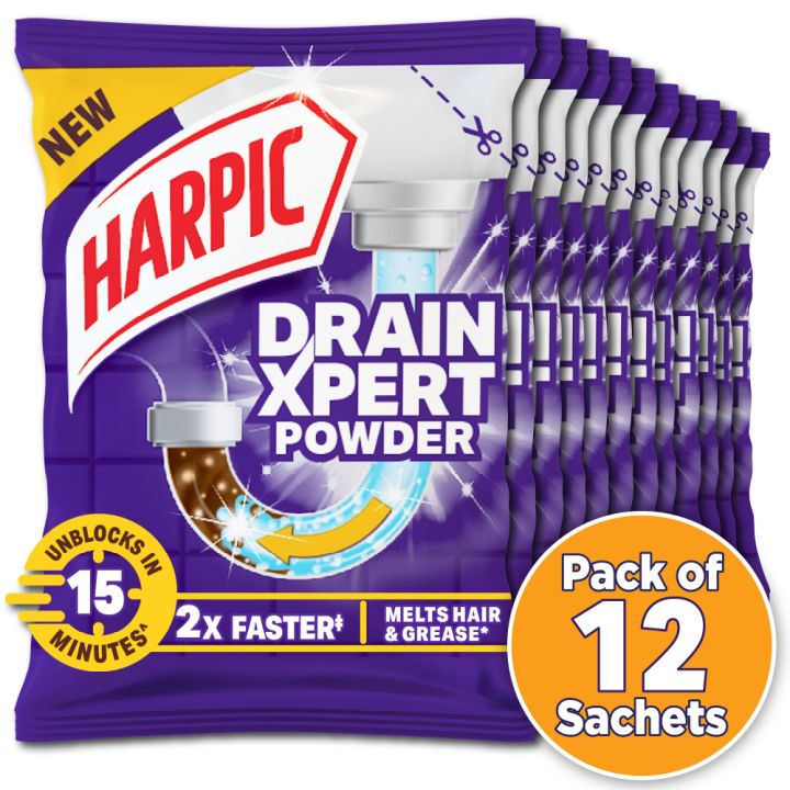 Harpic Drain Cleaning Xpert Powder 12pcs x 45g, Unblocks Clogged Bathroom, Kitchen & Shower Sink in 15 minutes, Clears Drainpipes, Melts Hair & Grease, Effective Sink and Drain Pipe Cleaner & Blockage Remover