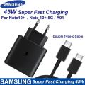 Samsung 45W Super Fast Charger Double Type-C Cable For Galaxy Note 10 Plus Note 10+ 5G USB C Fast Charging Wall Charger.