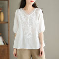 Cotton linen Japanese and Korean five quarter sleeve T-shirt for summer 2024 new style mom outfit V-neck heavy embroidery women's clothing. 