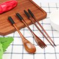 Wooden Tableware Set - Handmade, 4-Piece Dinnerware with Spoon, Chopsticks, Fork for Home Dining, Rice & Soup. 