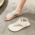 Cross border women's shoes foreign trade plus size bohemian herringbone sandals women's shoes summer new clip-toe flower flat shoes.