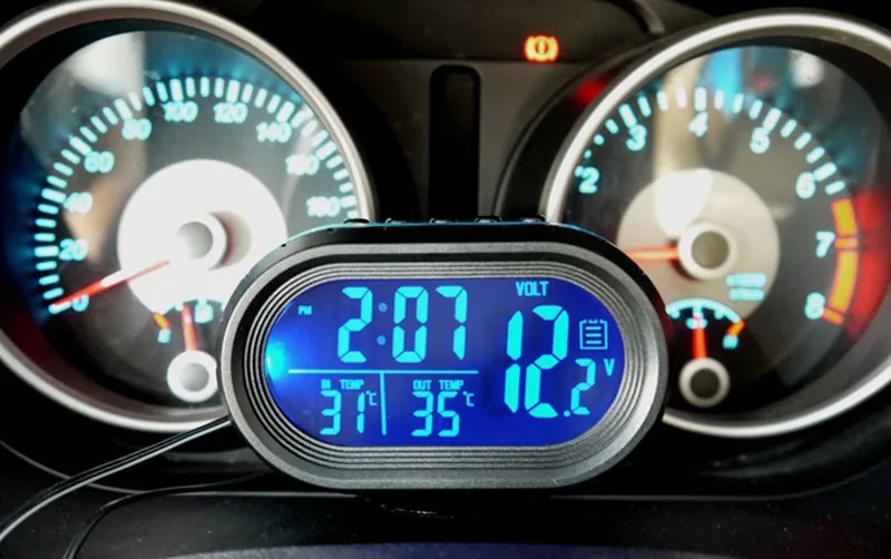 Digital Clock And Thermometer For Car - LED Lighted Display - DC 12V - Dual Temperature Gauge And Voltmeter - Ideal For Automobiles - View #3