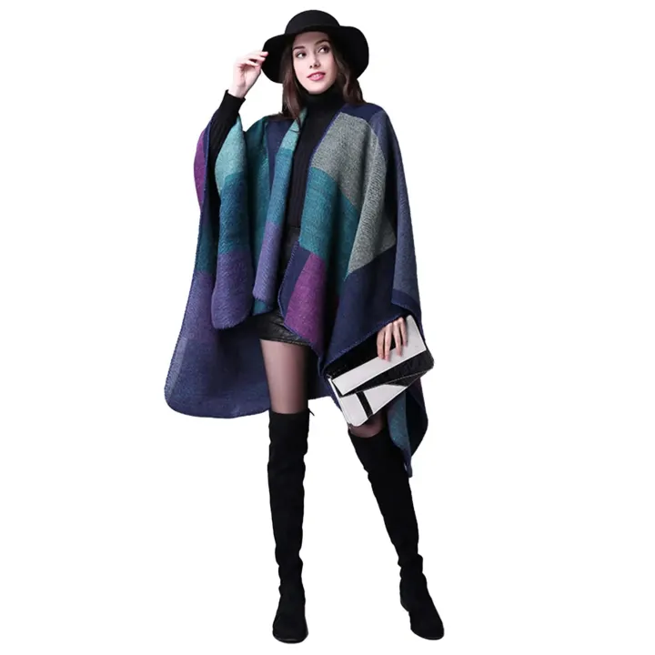 Thicken%20Winter%20Shawl%20Wraps%20Cape%20Women%20Fall%20Ponchos%20Plus%20Size%20Block%20Plaid%20Open%20Front%20Sweater%20Fleece%20Scarf%20Coat%20Holiday%20Outfits%20-%20Image%204