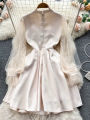 Women Beaded Vintage Dress Fashion High Waist Patchwork Gauze Elegant Dresses Ladies A Line Spring Autumn Apricot Robe Vestidos. 
