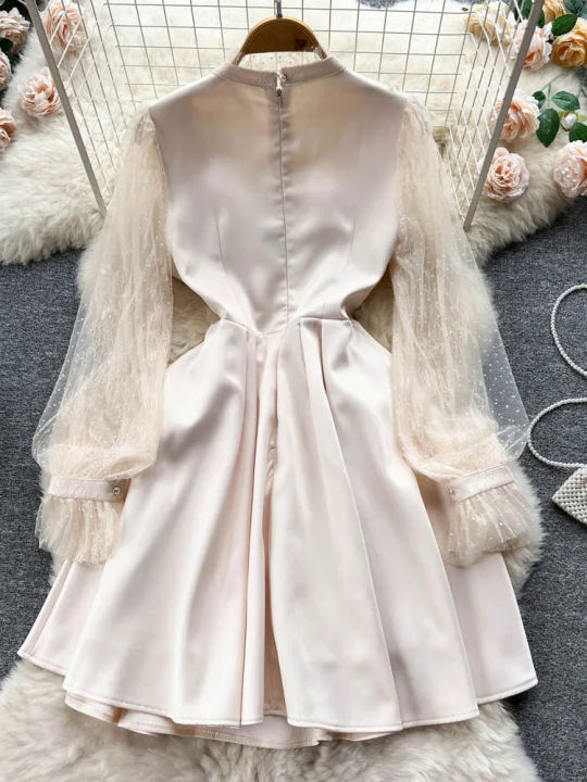 Women%20Beaded%20Vintage%20Dress%20Fashion%20High%20Waist%20Patchwork%20Gauze%20Elegant%20Dresses%20Ladies%20A%20Line%20Spring%20Autumn%20Apricot%20Robe%20Vestidos%20-%20Image%202