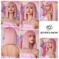 Bob Light Pink Cosplay Synthetic Wigs Straight Lolita Short Wig Halloween Natural Hair with Bangs for Women Afro Heat Resistant. 