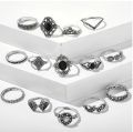 15 Pcs/sets Lotus Flower Black Rhinestone Vintage Antique Rings Sets for Women.