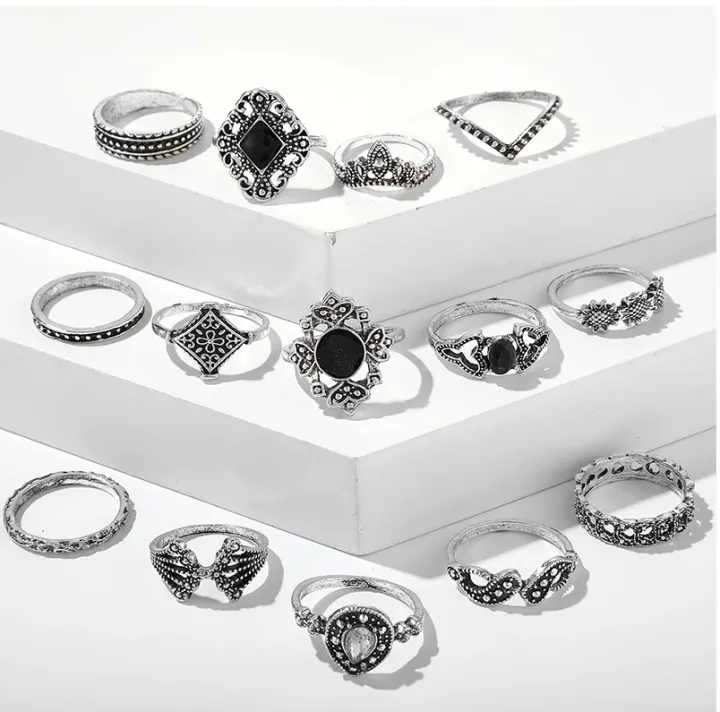 15%20Pcs/sets%20Lotus%20Flower%20Black%20Rhinestone%20Vintage%20Antique%20%20Rings%20Sets%20for%20Women%20-%20Image%204