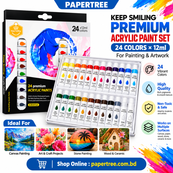 Keep Smiling Premium Acrylic Paint Set 24 Colors × 12ml for Painting & Artwork